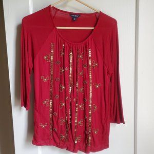 Lucky Brand Red Beaded Top 3/4 Sleeve Size M 8-10